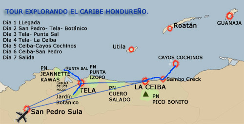 mapa tour explorando el caribe hondureno